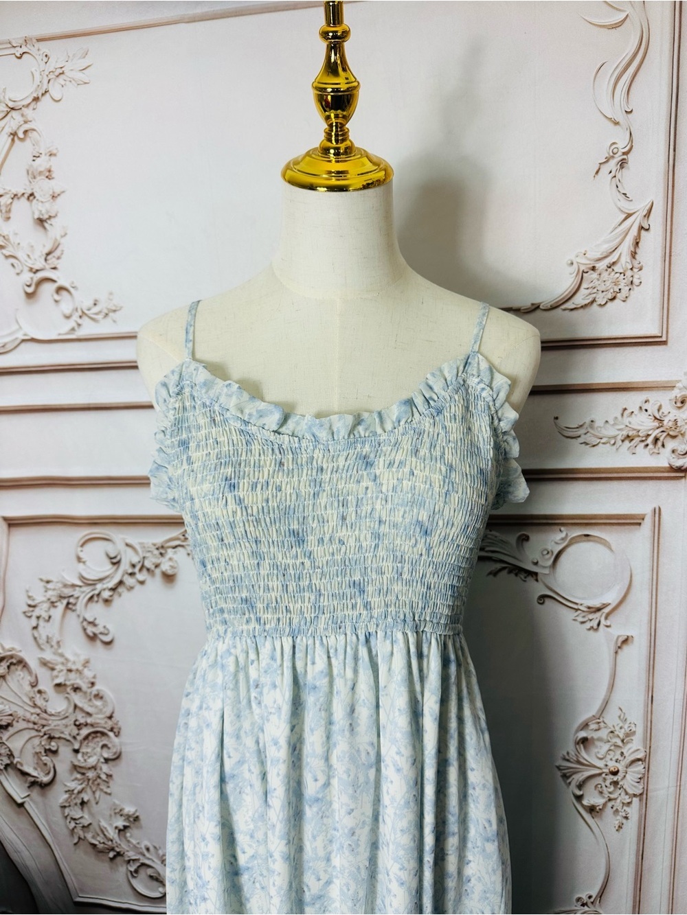 Smocked Light Blue Floral Maxi Dress with Spaghetti Straps - Picture 7 of 13